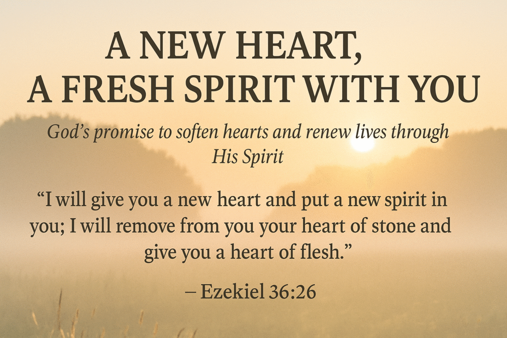 A New Heart, A Fresh Spirit Within You Christian devotional graphic with a sunrise over misty fields, featuring the title ‘A New Heart, A Fresh Spirit With You,’ subheading ‘God’s promise to soften hearts and renew lives through His Spirit,’ and the Bible verse Ezekiel 36:26 in elegant typography.